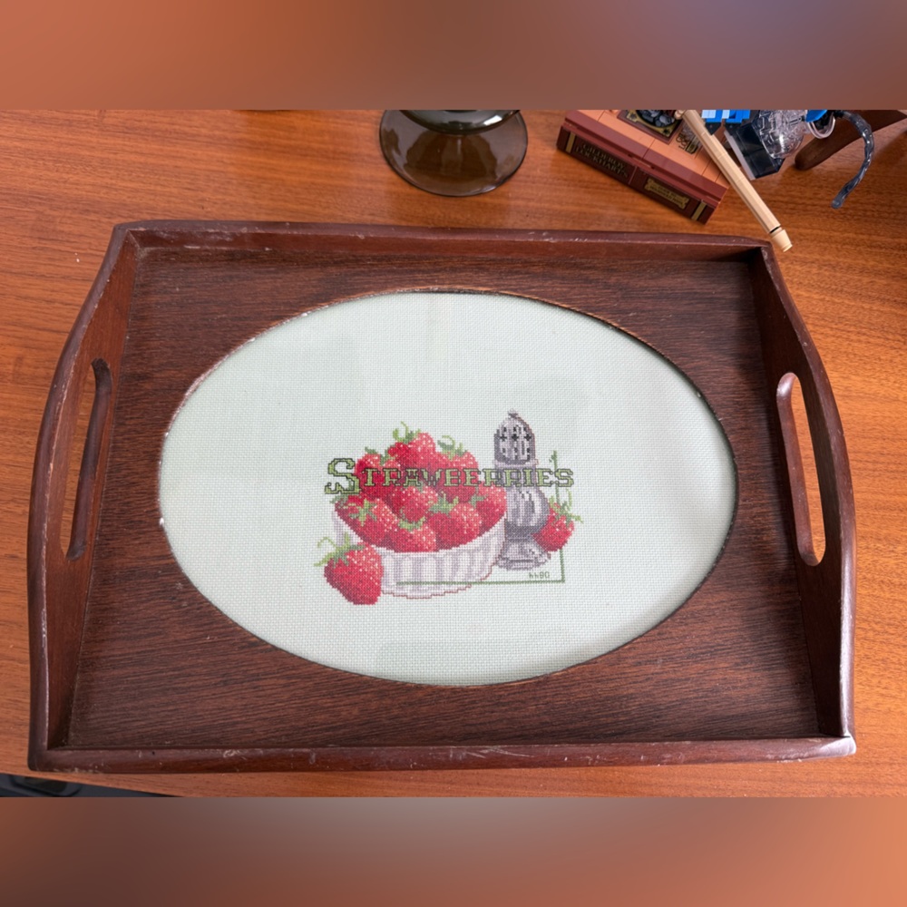 Strawberry Cross-Stitch Art in Wooden Frame Tray